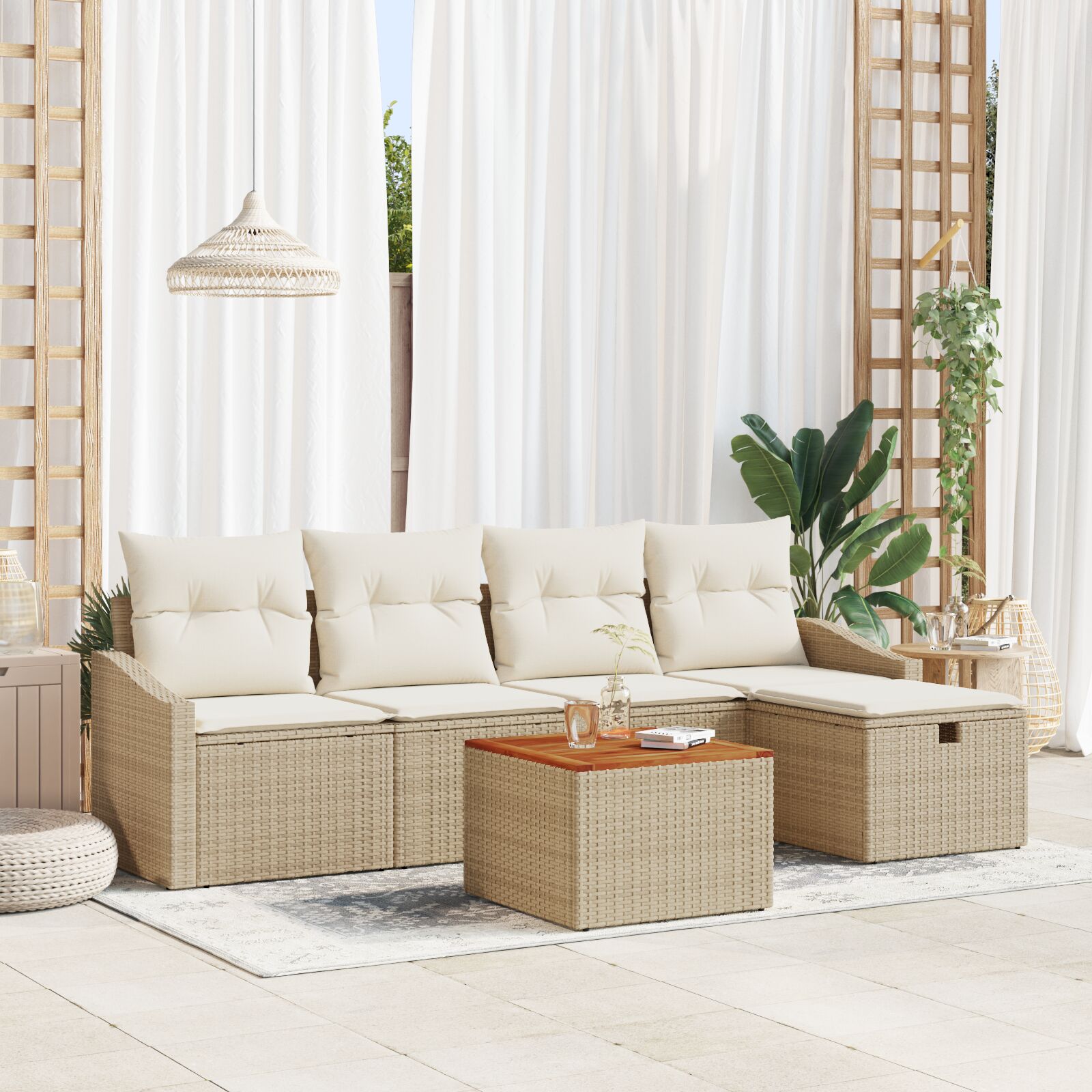 Tuin Sofa Set 6 Delig Beige, Wit Riet Buiten Sofa Rechthoekig Wit