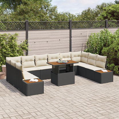 11-Delige Tuinset Met Kussens Zwart Poly Rattan Acacia