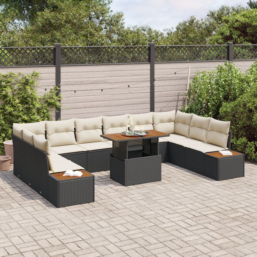 11-Delige Tuinset Met Kussens Zwart Poly Rattan Acacia