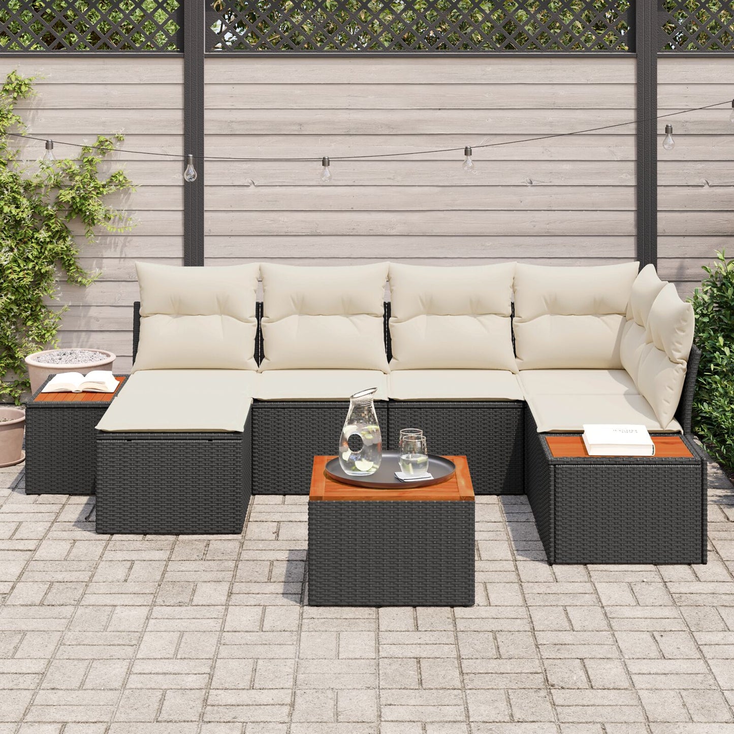 7-Delige Tuinsalonset Met Kussens Zwart Poly Rattan Acacia