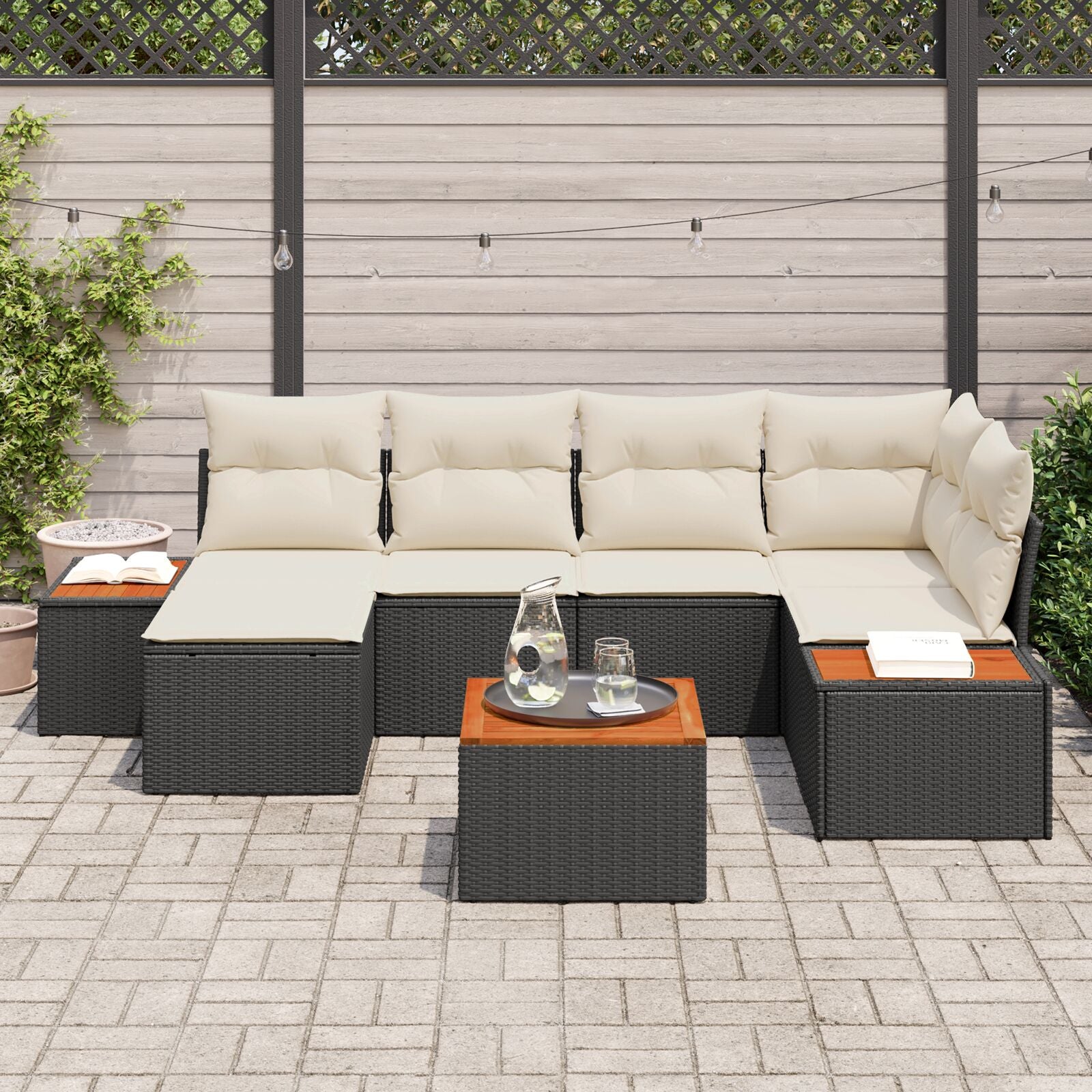 7-Delige Tuinsalonset Met Kussens Zwart Poly Rattan Acacia