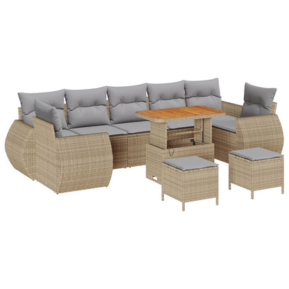 10-Delige Tuinsofa Set Met Kussens Beige Poly Riet Acacia, 3-Delige Tuin Eetset Met Kussens Beige Poly Riet Acacia Wit