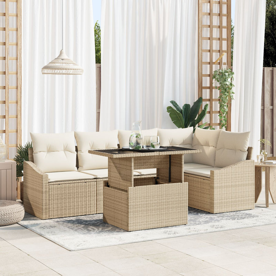 Tuin Sofa Set 6 Stukken Beige Riet Tuin Sofa Set Rechthoekig