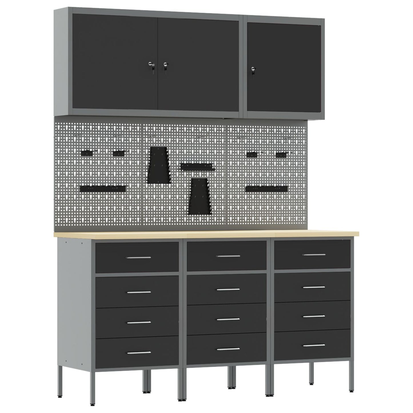 8-Delige Werktafel Set Staal 3x (85 cm) Zwart 3x kast + 3x pegboard + 2x gereedschap kast