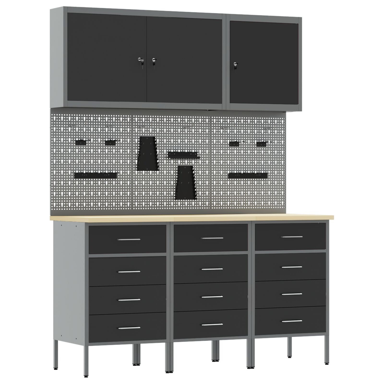 8-Delige Werktafel Set Staal 3x (85 cm) Zwart 3x kast + 3x pegboard + 2x gereedschap kast