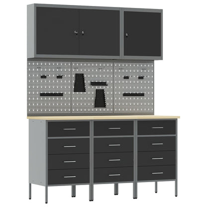 8-Delige Werktafel Set Staal 3x (85 cm) Zwart 3x kast + 3x pegboard + 2x gereedschap kast
