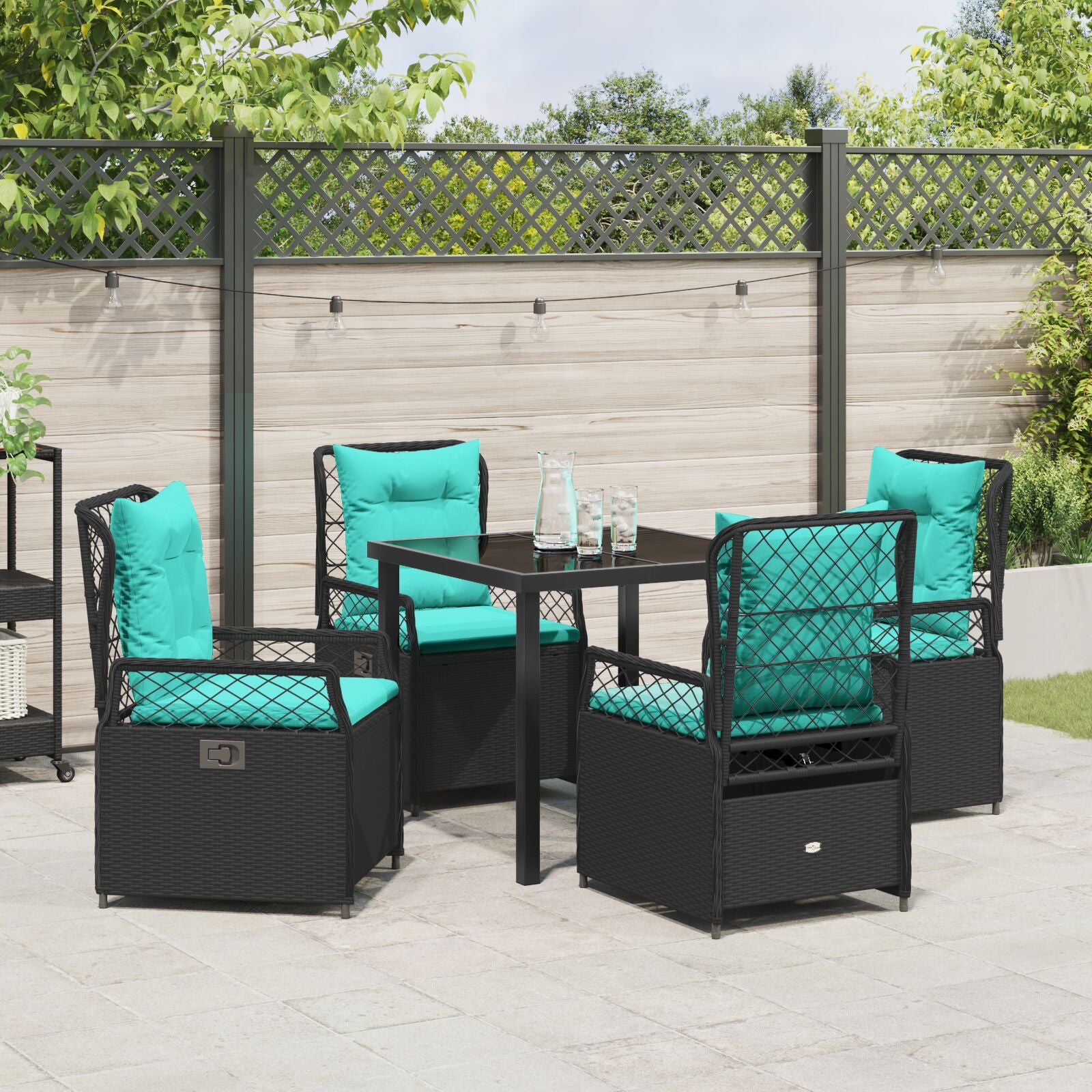 5-Delige Tuin Eettafelset Zwart Poly Rattan