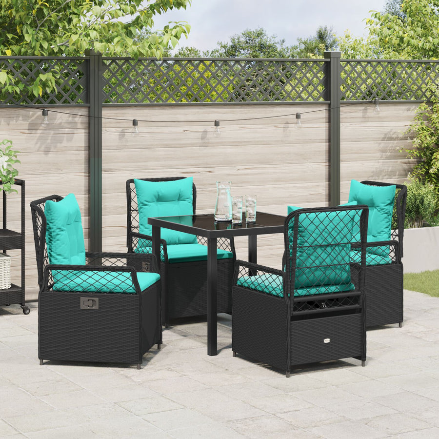5-Delige Tuin Eettafelset Zwart Poly Rattan