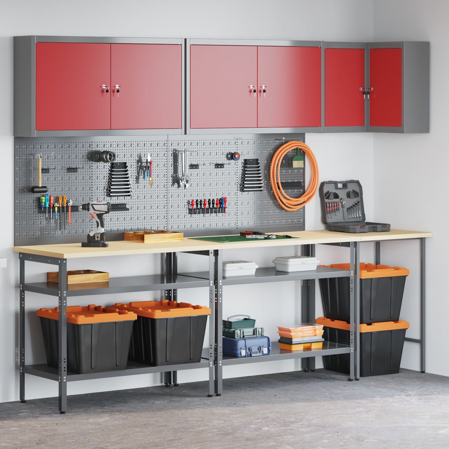 10-Delige Gereedschapsopslag Tafelset Van Geengineerd Hout En Metaal 100 cm kast met pegboard Rood 3x tafel + 4x kast + 4x pegboard