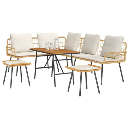 4-Delig Tuinbankstel Met Kussens Poly Rattan Natuurlijk Sofa + tafel + voetenbank