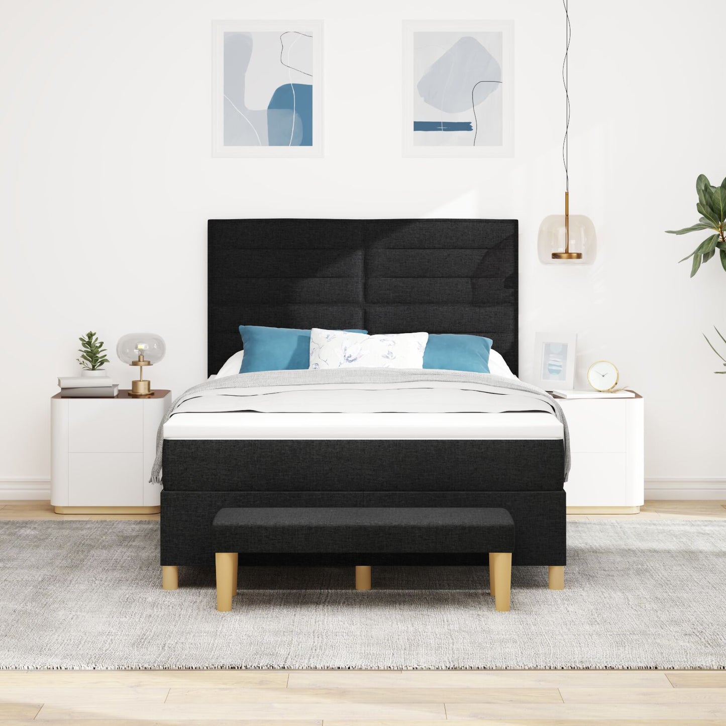 Boxspring Bed Met Matras En Bank Stof Zwart 140 x 200 cm Lijnen ontwerp