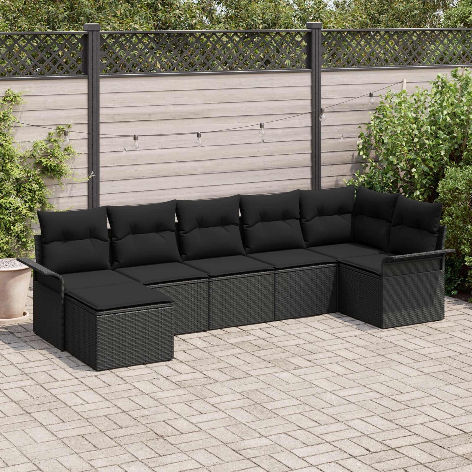 7-Delige Tuinsofa Set Met Kussens Zwart Poly Rattan