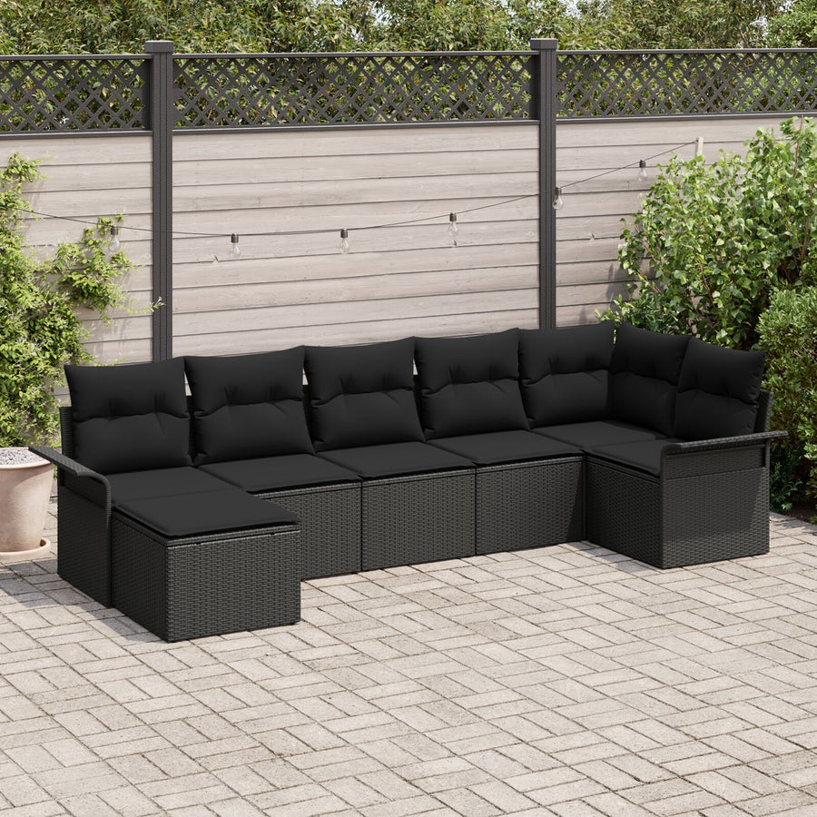 7-Delige Tuinsofa Set Met Kussens Zwart Poly Rattan