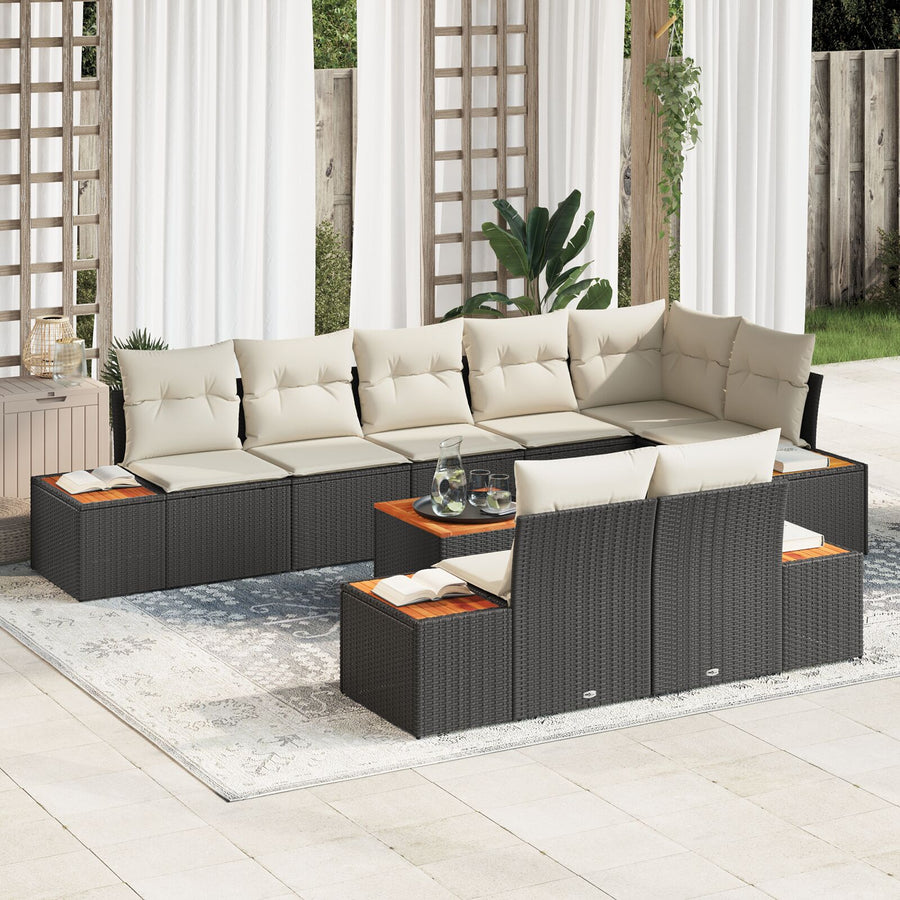 9-Delige Tuinbankset Met Kussens Zwart Poly Rattan Acacia