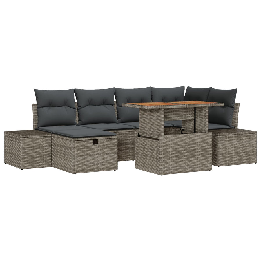 7-Delige Tuin Eetset Met Kussens Grijs Poly Rattan Acacia Wit
