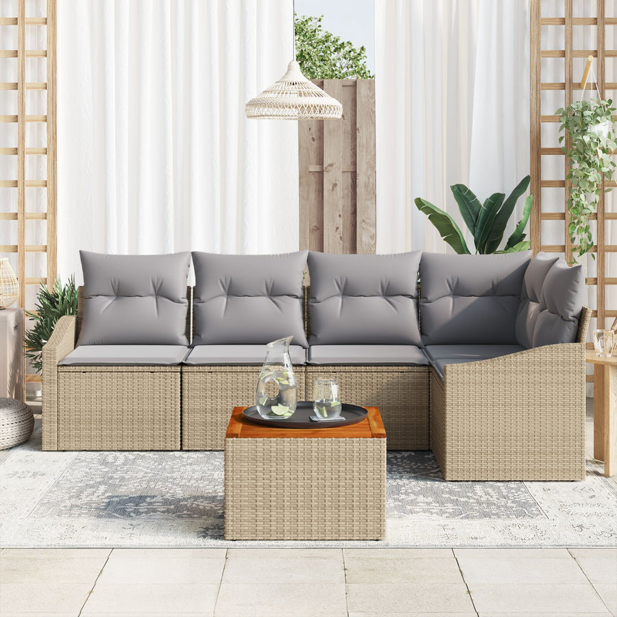 6-Delige Tuinbank Set Met Kussens Beige Poly Rattan Acacia
