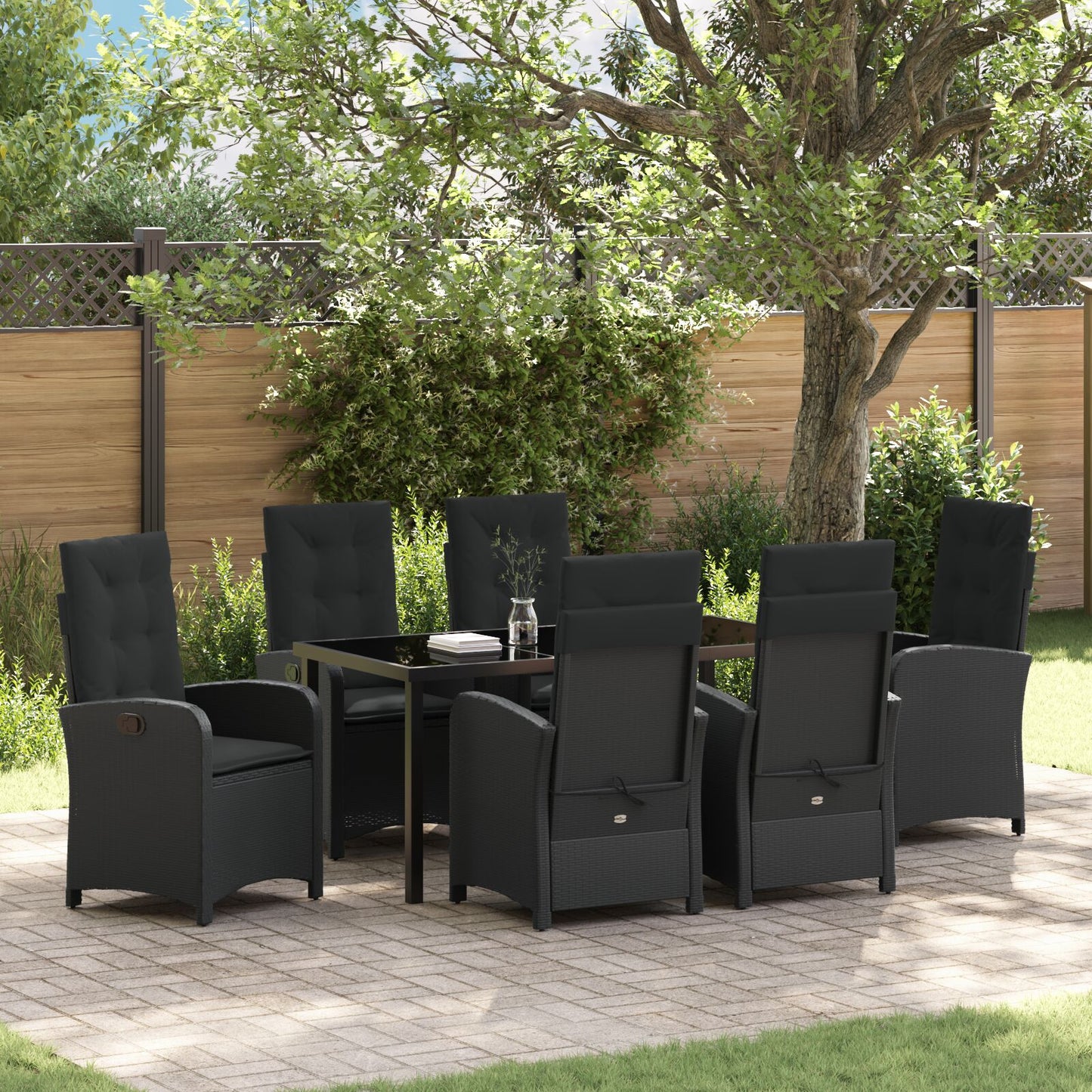 7-Delige Tuin Eettafel Set Met Kussens Zwart Poly Rattan