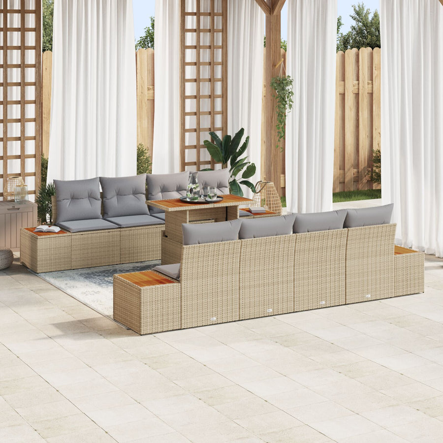 Tuinbank Set 9-Delige Set Beige Pe Rattan Eetset Rechthoekig