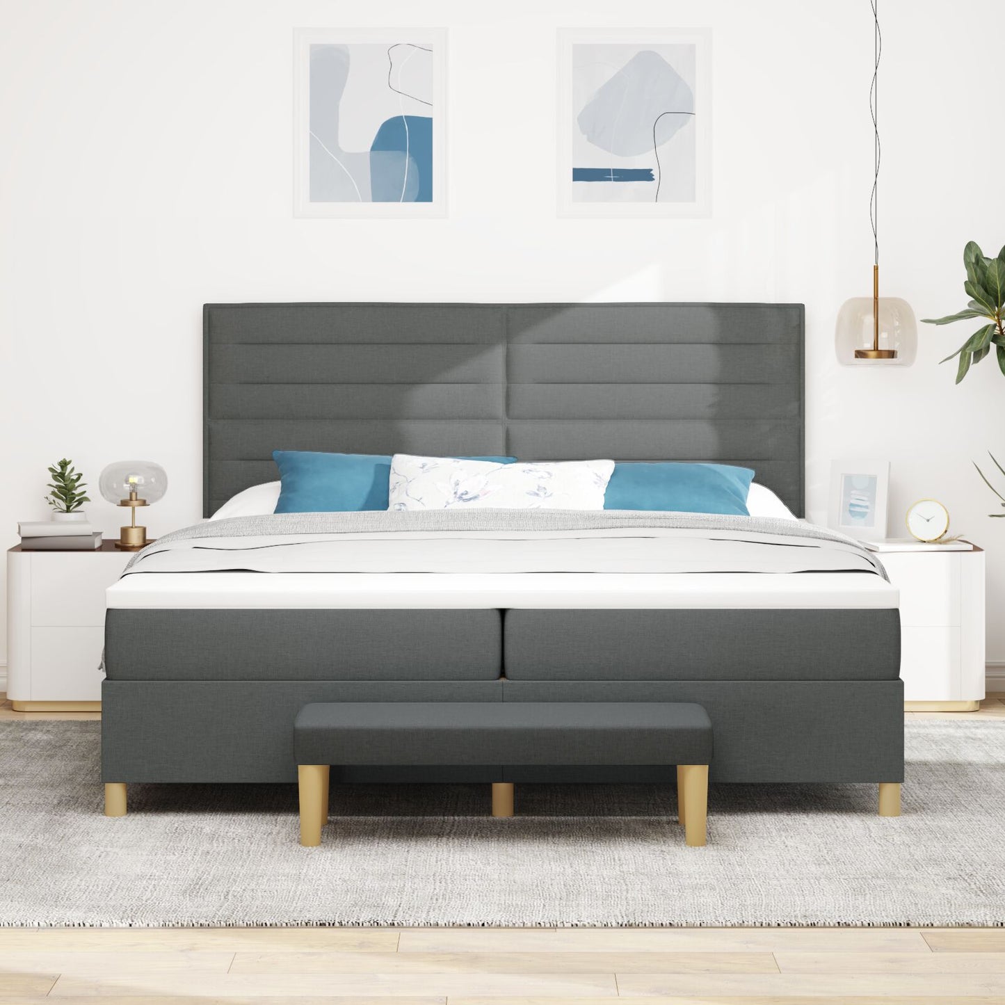 Boxspringbed Met Matras & Bank Stof Donkergrijs 200 x 200 cm Lijn ontwerp