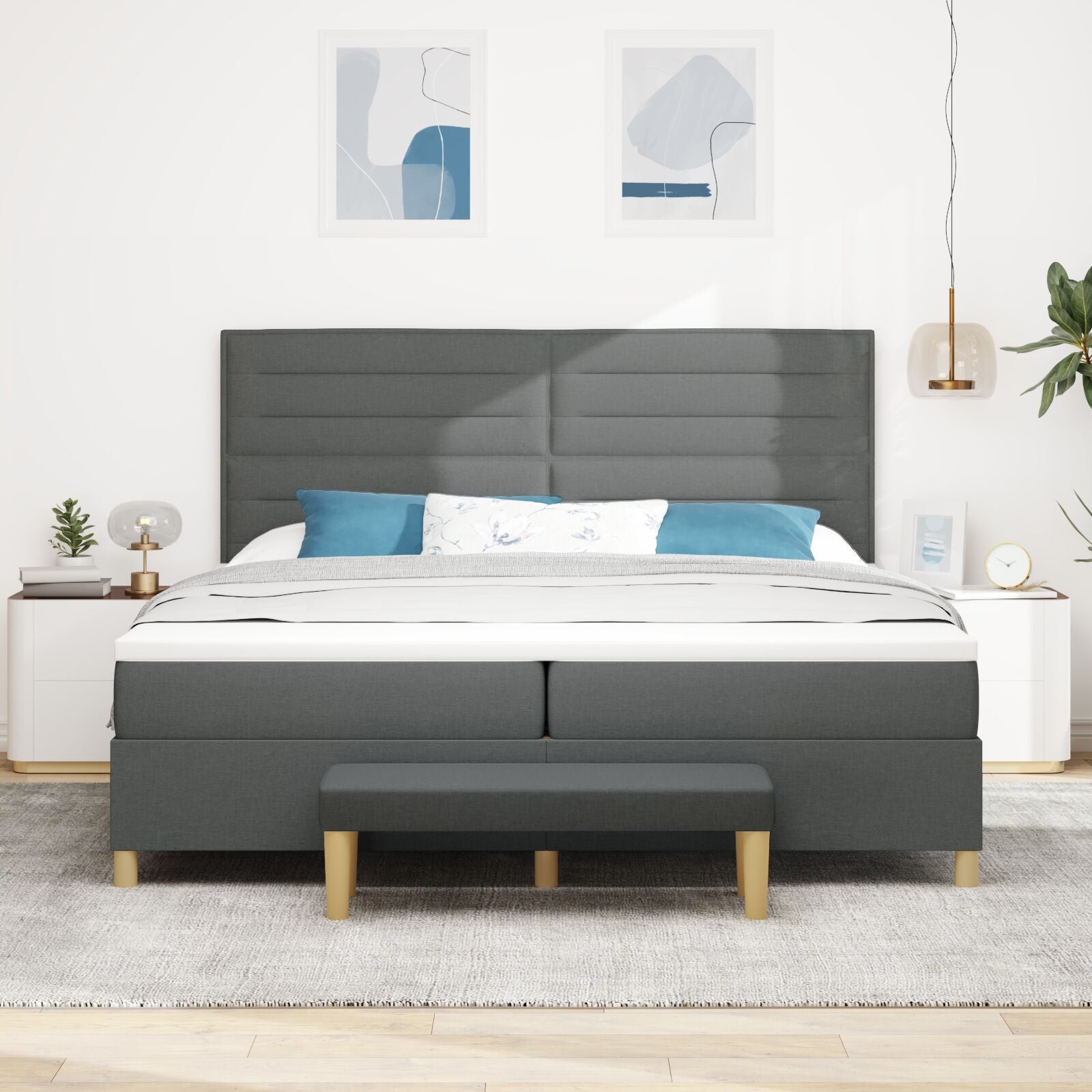 Boxspringbed Met Matras & Bank Stof Donkergrijs 200 x 200 cm Lijn ontwerp