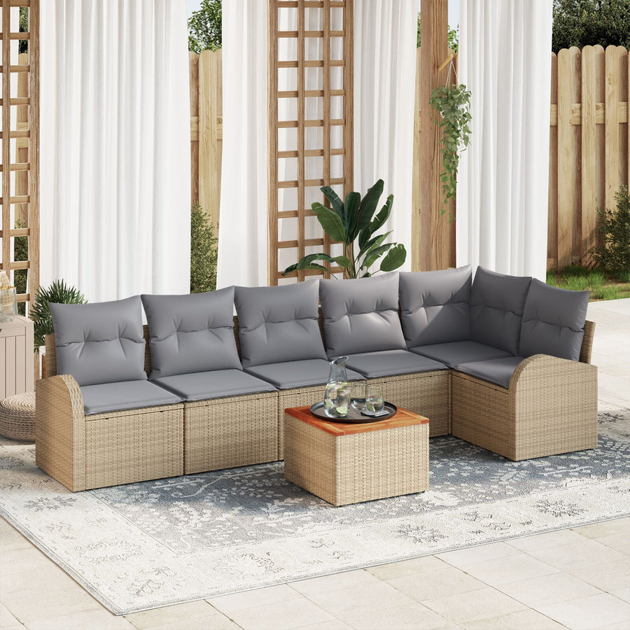 7-Delige Tuinset Met Kussens Beige Poly Rattan Acacia