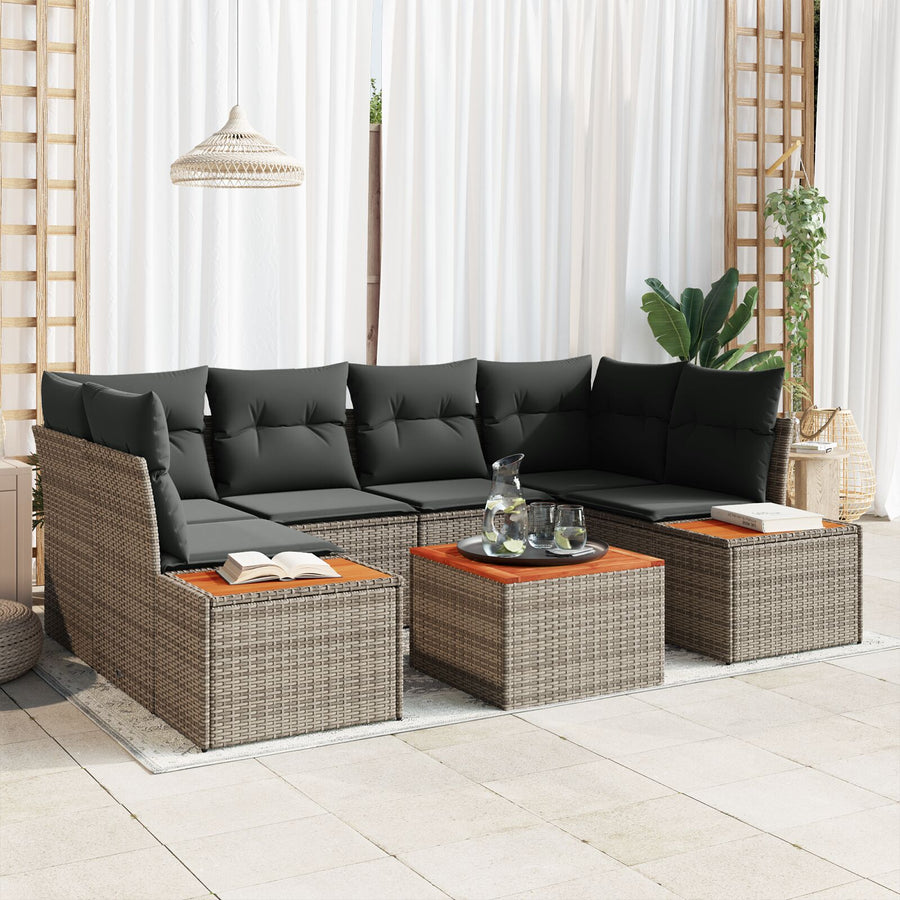 7-Delige Tuin Sofa Set Met Kussens Grijs Poly Rattan Acacia