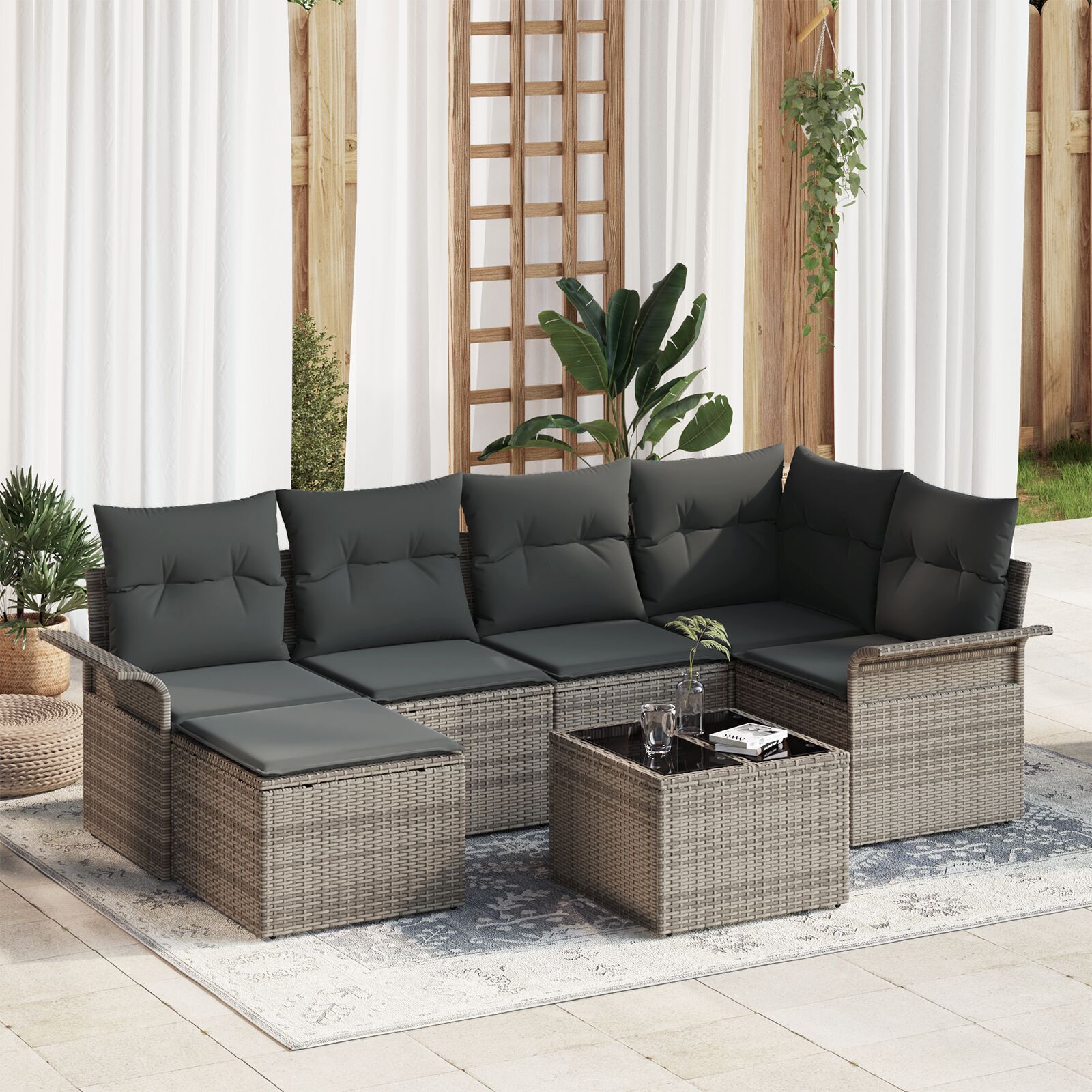 6-Delig Tuin Bankstel Met Kussens Zwart Poly Rattan