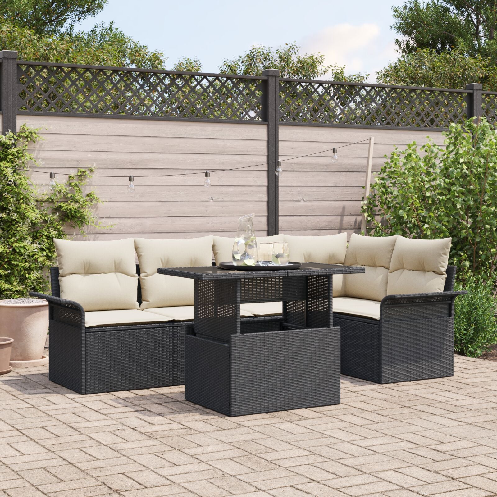 6-Delige Tuinstoelenset Met Kussens Zwart Poly Rattan