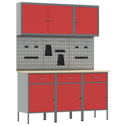 8-Delige Werkbank Set Rode Staal 3x (84 cm) Rood 3x cabinet + 3x pegboard + 2x gereedschapskast