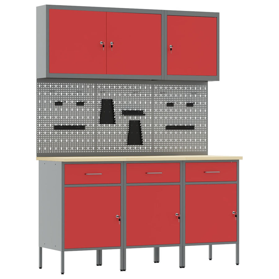 8-Delige Werkbank Set Rode Staal 3x (84 cm) Rood 3x cabinet + 3x pegboard + 2x gereedschapskast