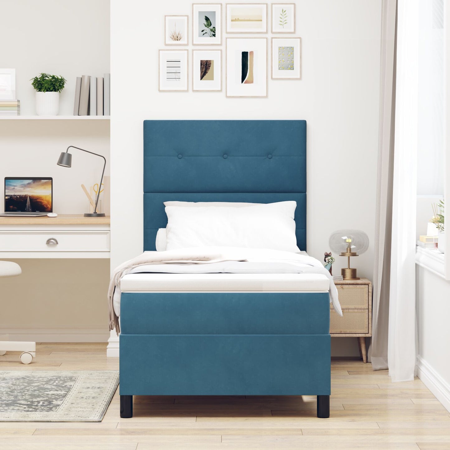 Boxspring Bed Met Matras Donkerblauw 80X200 Cm Fluweel Blauw