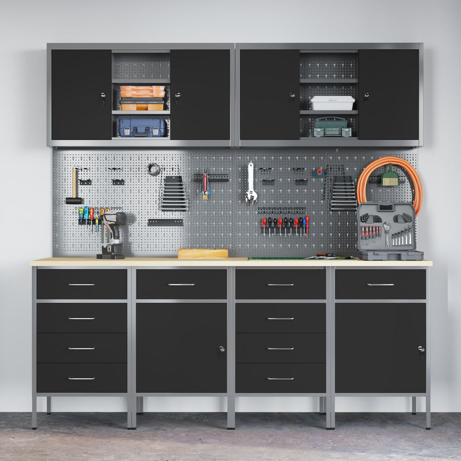 10-Delige Werkcabinet En Pegboard Set Mdf En Metaal 4x (2x84/2x85 cm) Zwart 6x kast + 6x pegboard