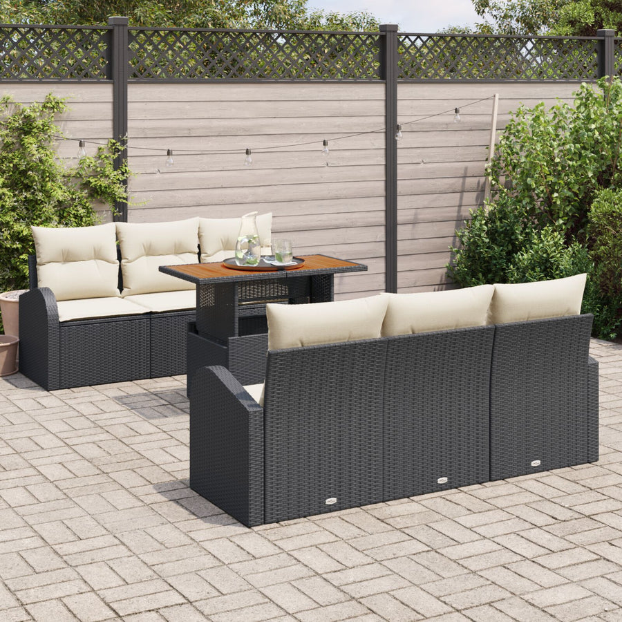 7-Delige Tuin Eetset Met Kussens Zwart Poly Rattan Acacia