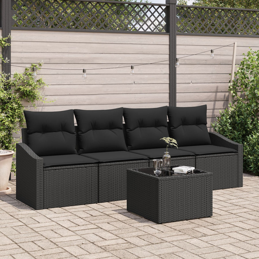 5-Delige Tuinsofaset Met Kussens Zwart Poly Rattan