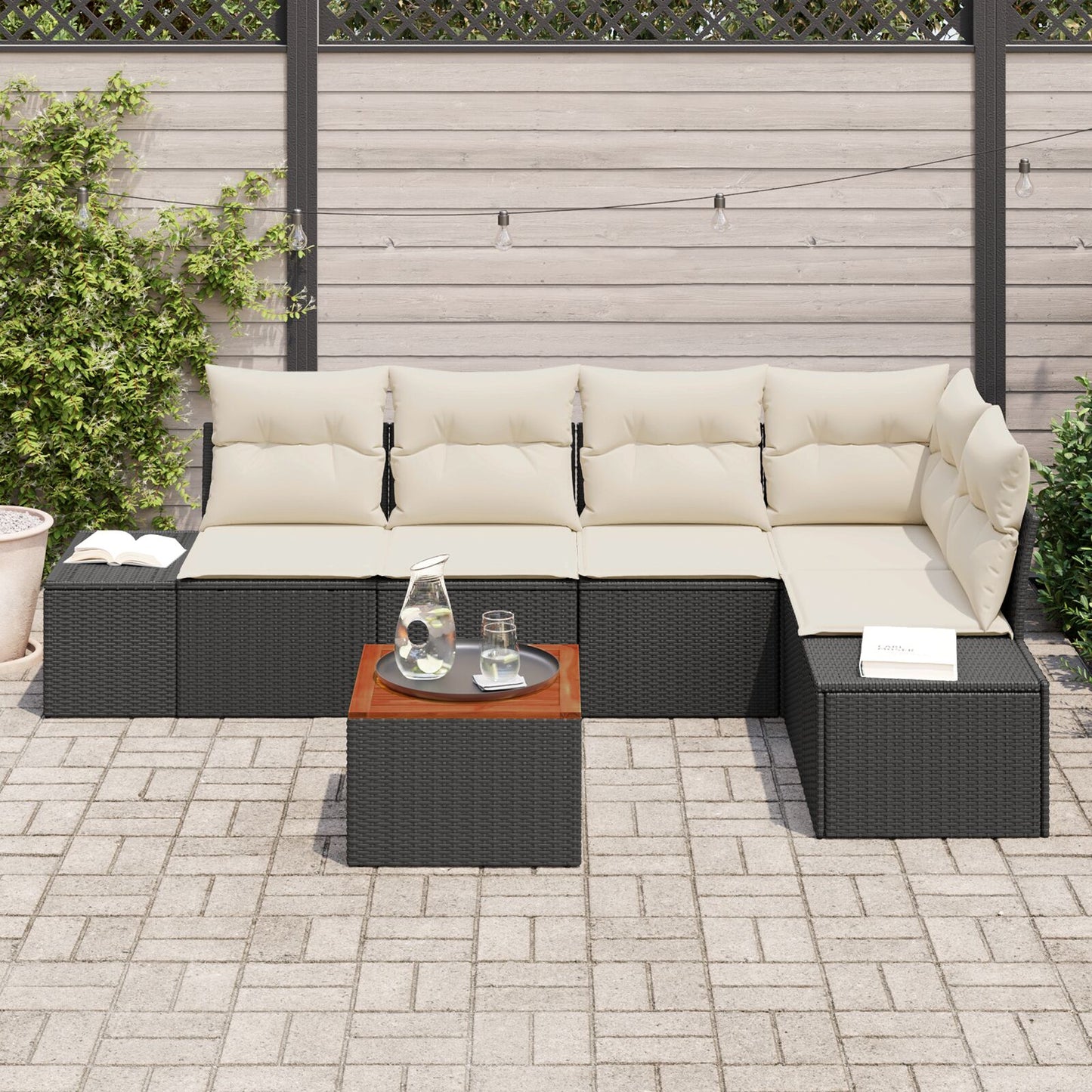6-Delige Tuin Sofa Set Met Kussens Zwart Poly Rattan Acacia