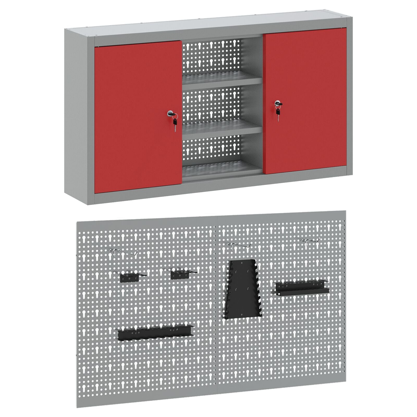 3-Delige Gereedschapskast En Pegboard Set Wandgemonteerd Rode Metaal