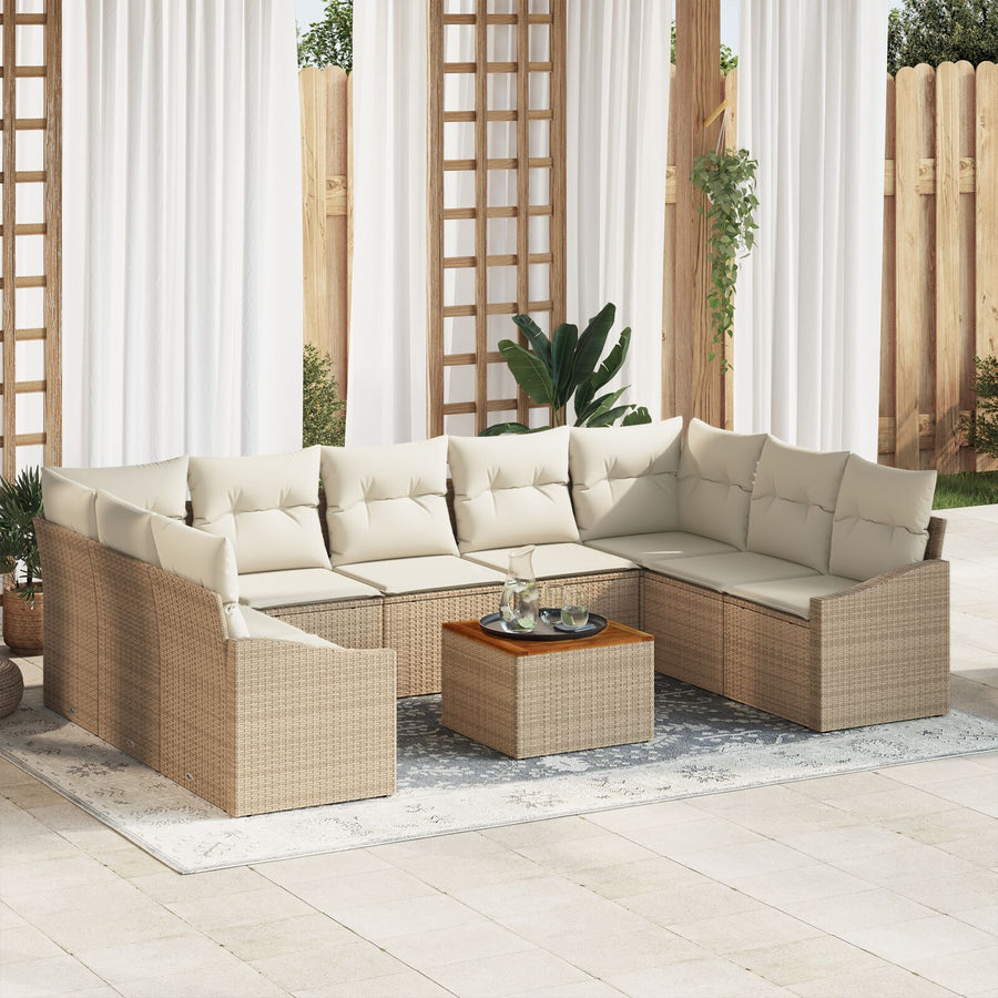 10-Delige Tuin Sofa Set Met Kussens Beige Poly Rattan Acacia