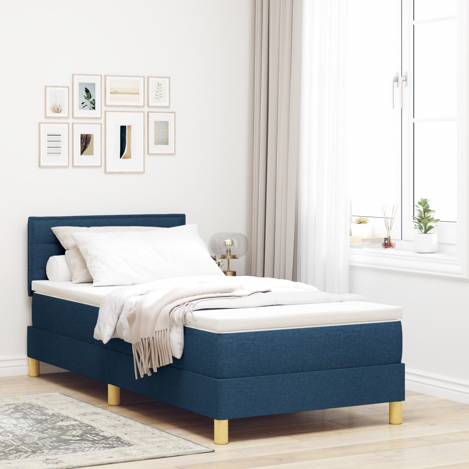 Boxspring Bed Met Matras Stof Blauw 90 x 200 cm Lijnenontwerp