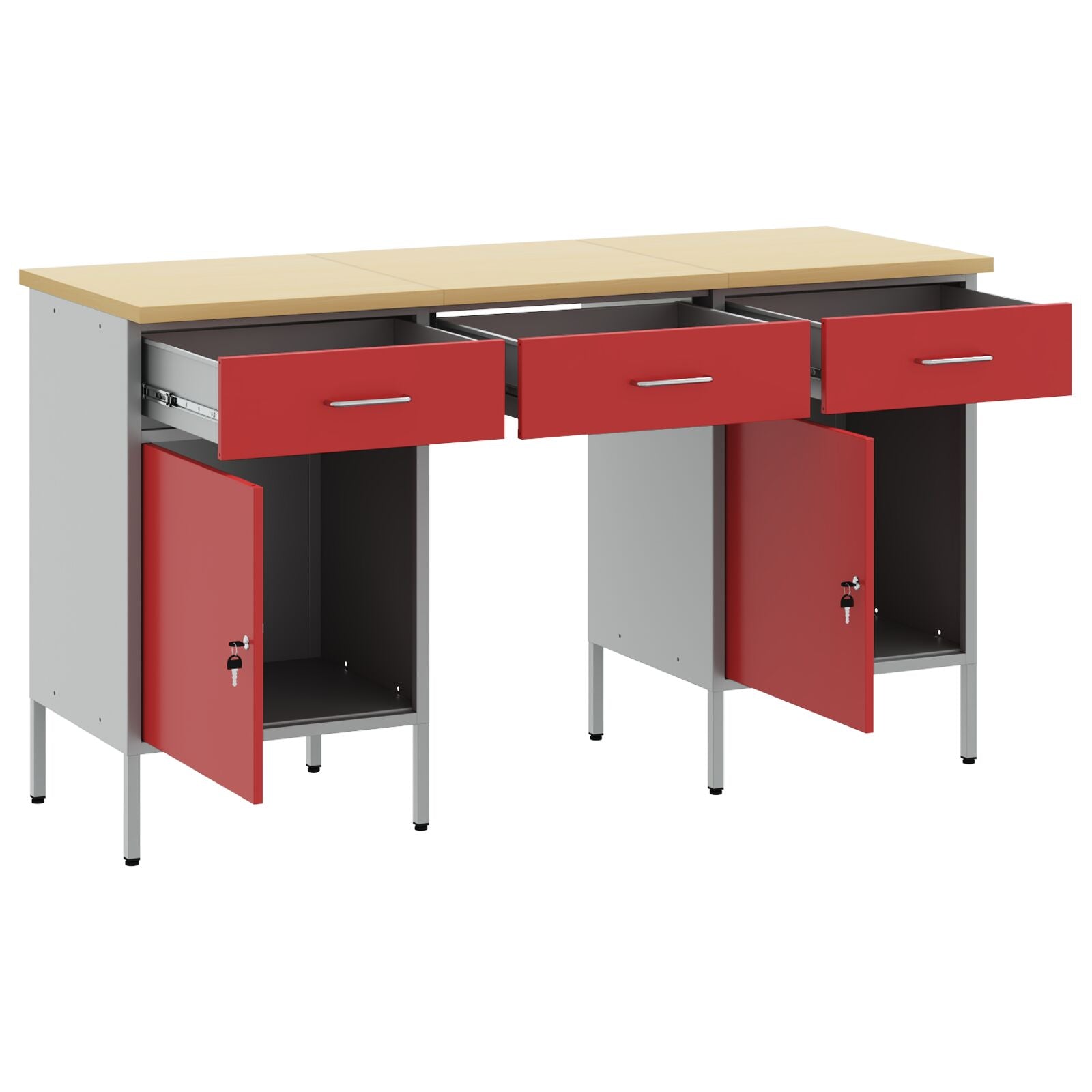 3-Delige Werk Kabinet En Tafel Set Rood Geengineerd Hout & Staal