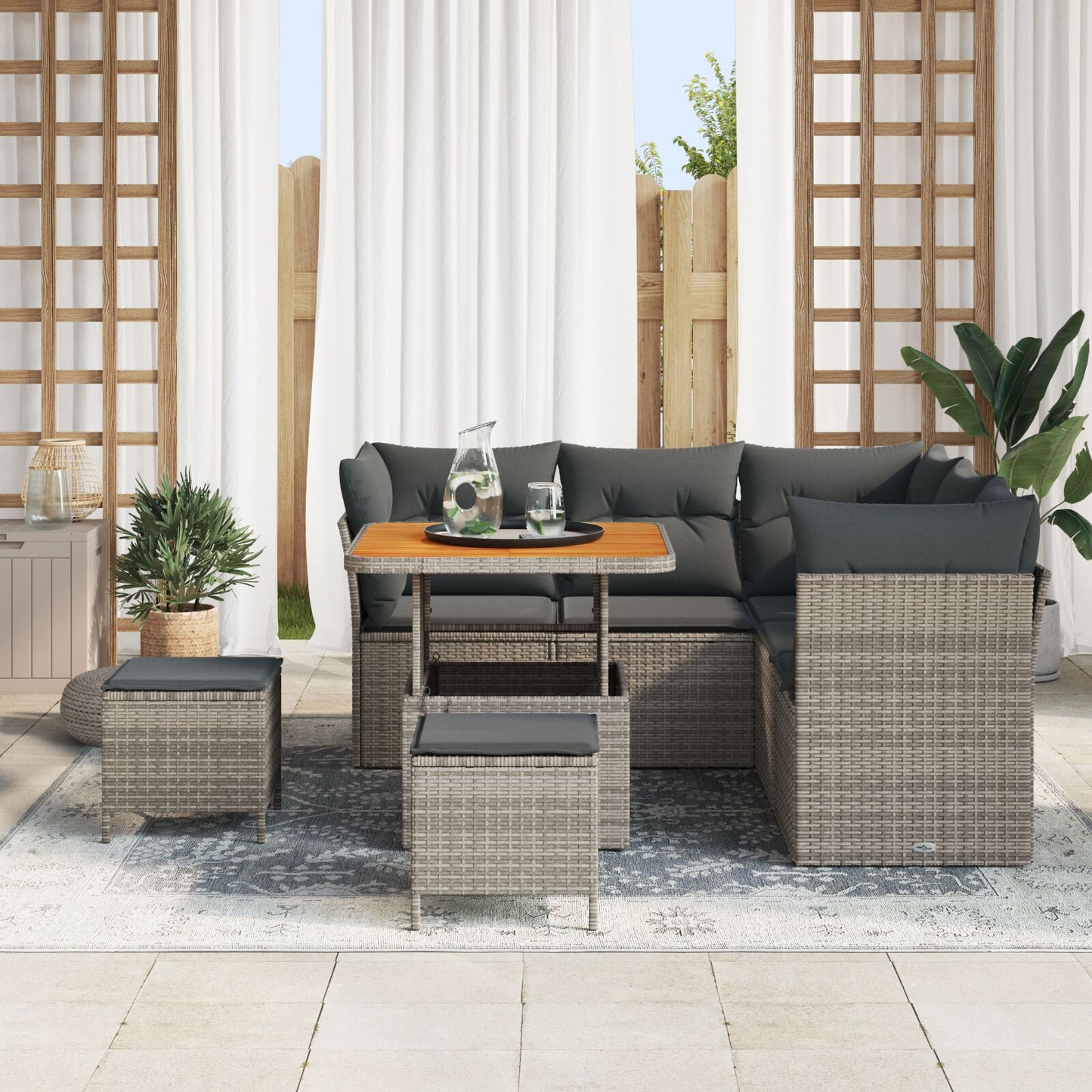 8 Delige Tuin Sofa Set Met Kussens Grijs Poly Rattan Acacia, 3 Delige Tuin Eet Set Met Kussens Grijs Poly Rattan Acacia Wit