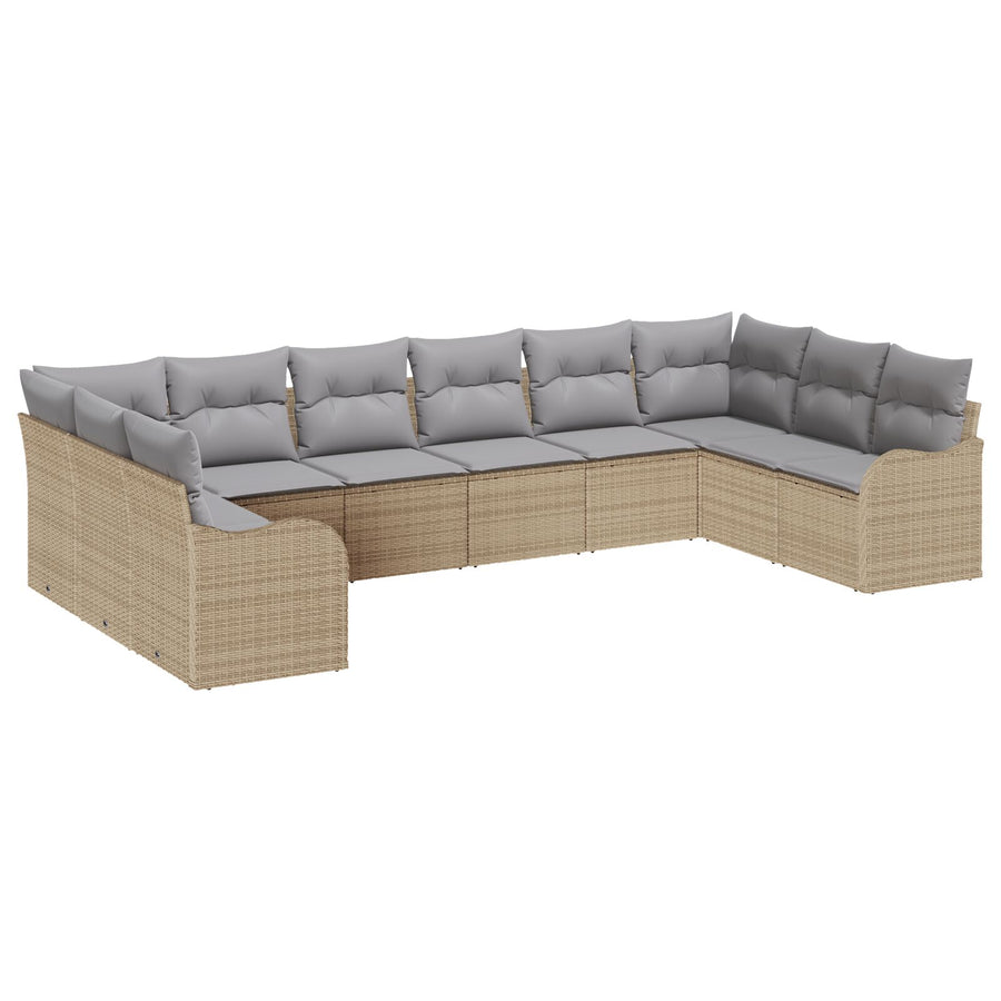 10-delige Tuinbank Set met Kussens Beige Poly Riet, vidaXL 2-zits Tuinbank met Kussens Beige Poly Riet