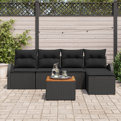 6-Delig Tuinbankstel Met Kussens Zwart Poly Rattan Acaciahout