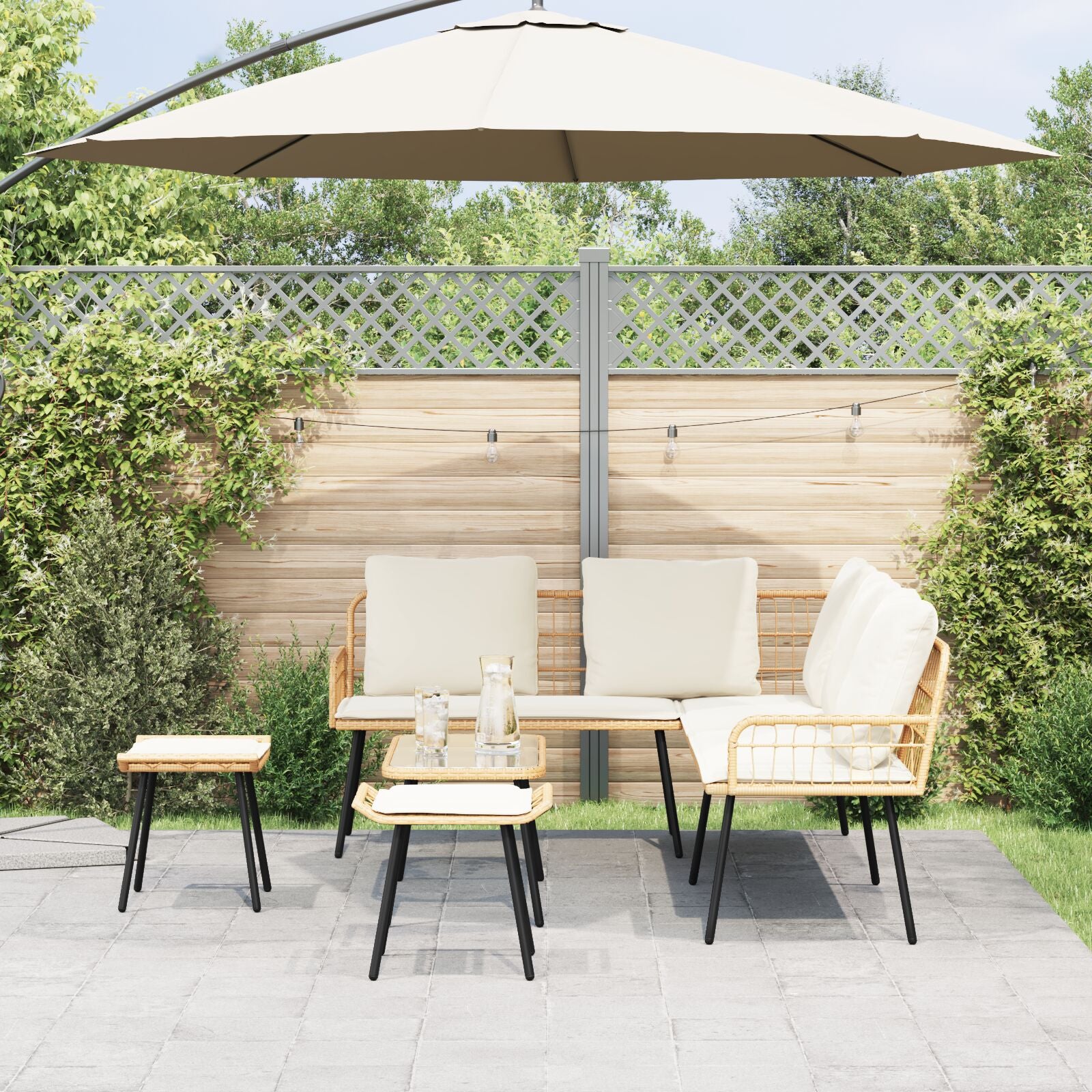 4-Delige Tuinsofa Set Met Kussens Van Poly Rattan Natuurlijk Bank + tafel + voetsteun