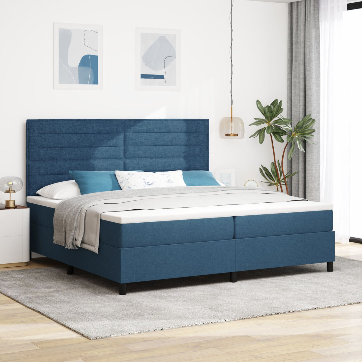 Boxspring Bed Met Matras Stof Blauw 200 x 200 cm Lijnen ontwerp