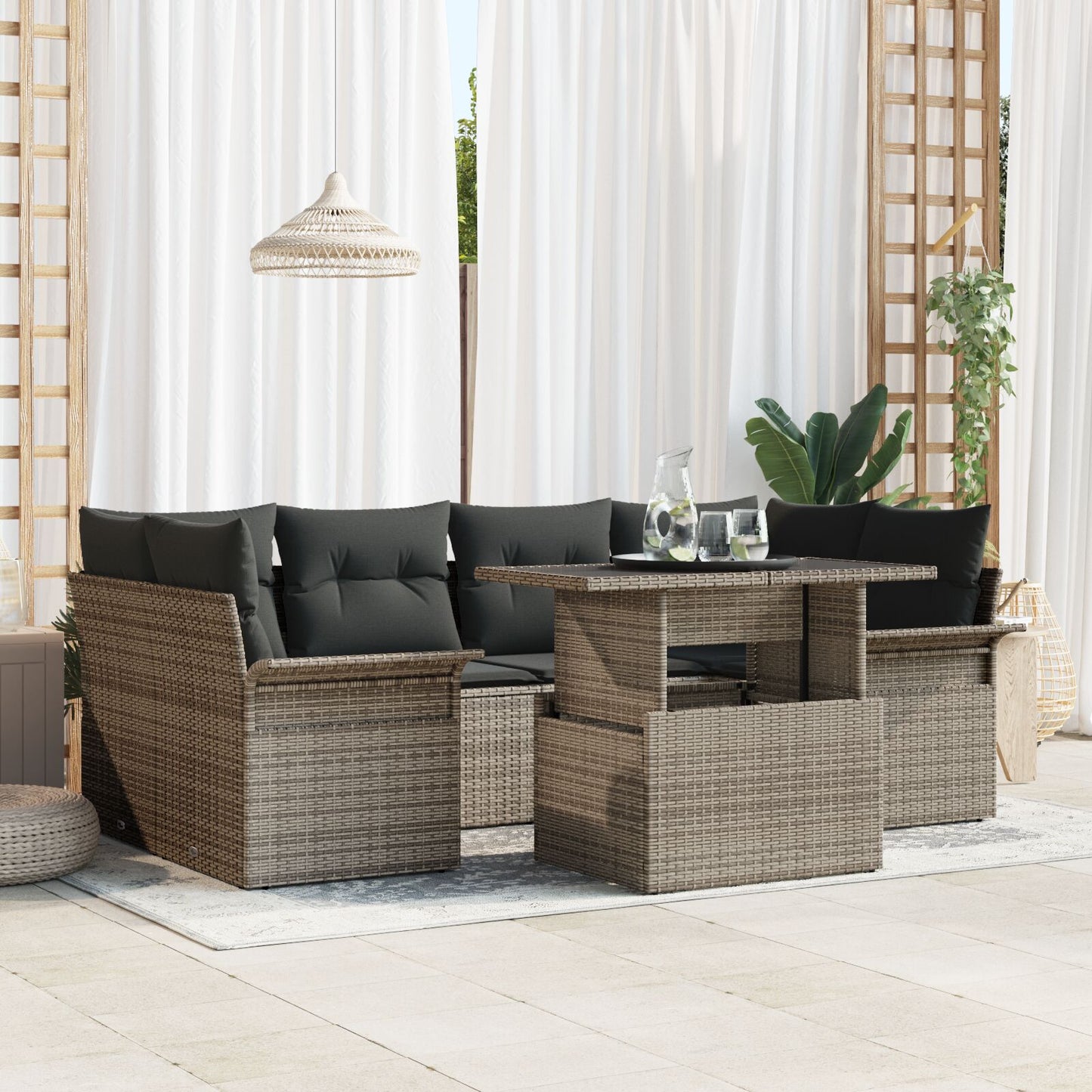 7-Delige Tuin Sofaset Met Kussens Grijs Poly Rattan