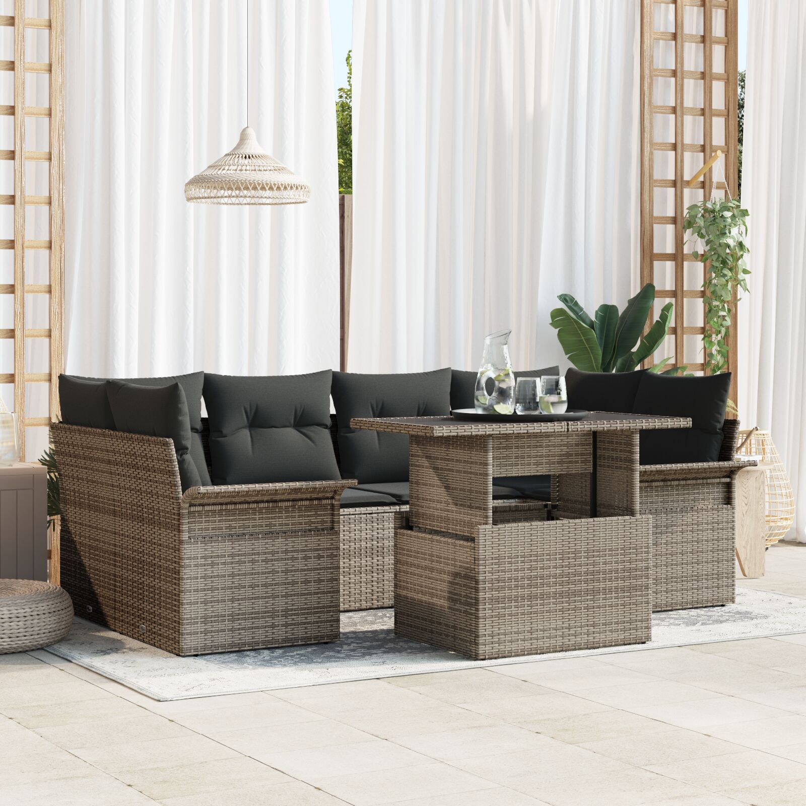 7-Delige Tuin Sofaset Met Kussens Grijs Poly Rattan