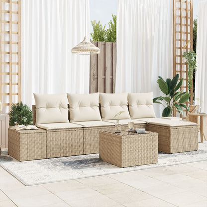 6-Delige Tuin Sofaset Met Kussens Bruin Poly Rattan Beige en wit met tafel