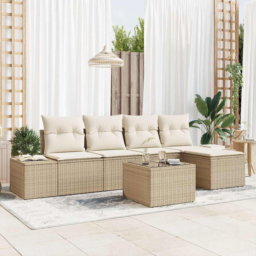 6-Delige Tuin Sofaset Met Kussens Bruin Poly Rattan Beige en wit met tafel
