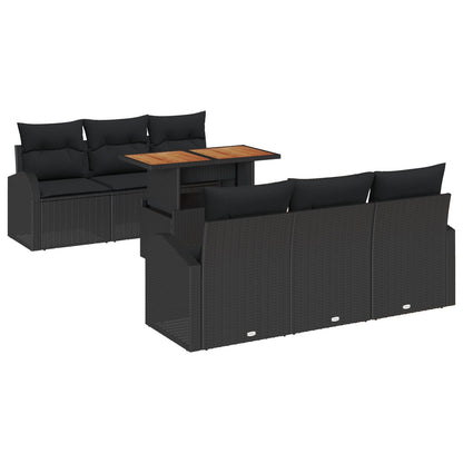 7-Delige Tuin Eetset Met Kussens Zwart Poly Rattan Acacia
