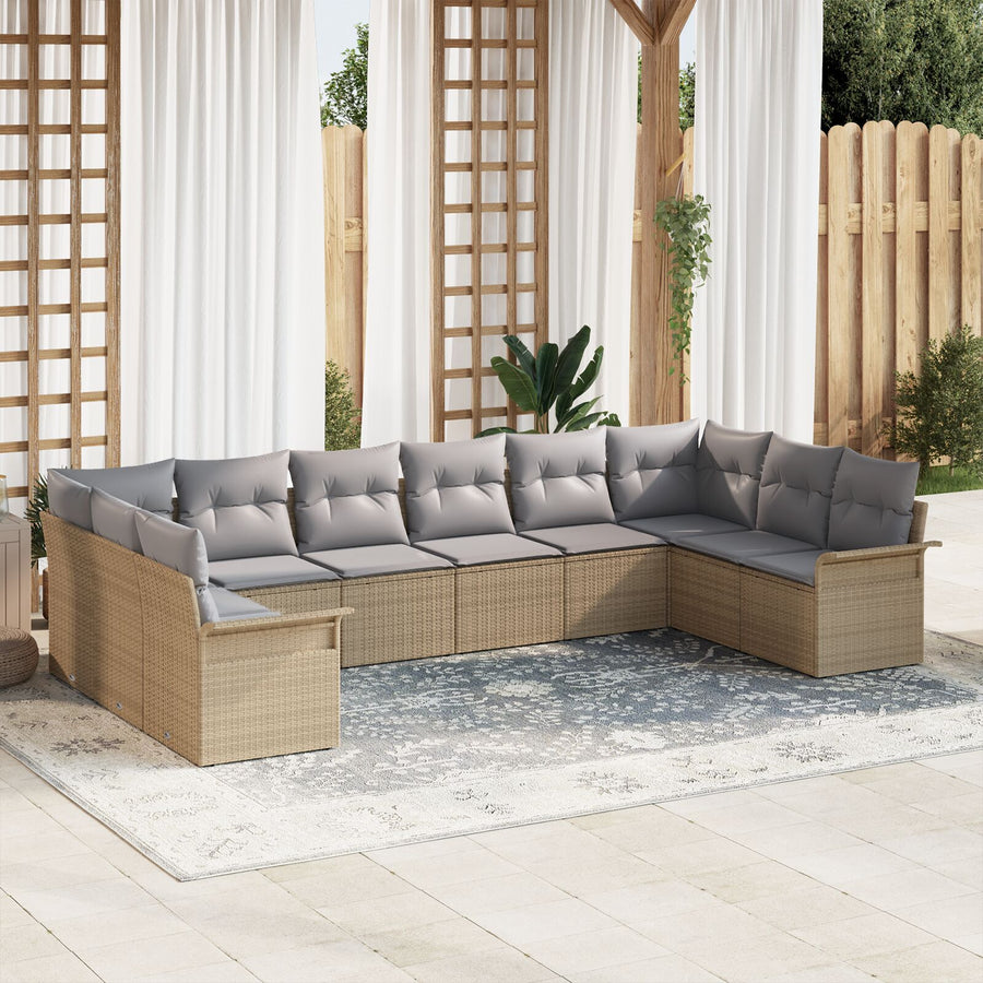 10-Delige Tuinsofa Set Met Kussens Beige Poly Rattan
